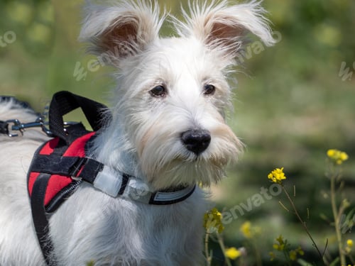Preview: Puppy schnauzer puppy in white color and with red harness watch closely