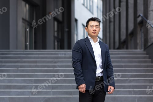 Preview: Portrait of asian serious businessman near office in business suit confident broker sales manager
