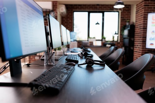 Preview: No people at customer service reception with call center equipment