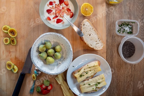 Preview: Healthy breakfast meal and fruit ingredients on kitchen counter