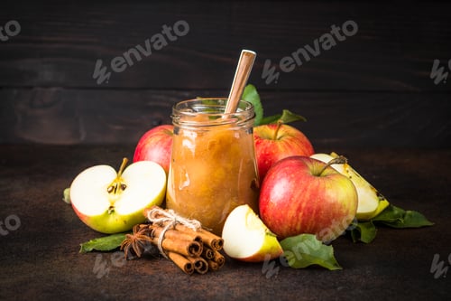 Preview: Apple jam with spices and fresh apples on dark background