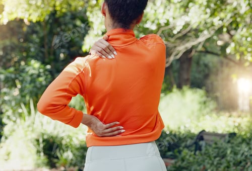 Preview: Back pain, injury or massage with woman or runner in warm up, exercise or workout outdoors. Wellnes