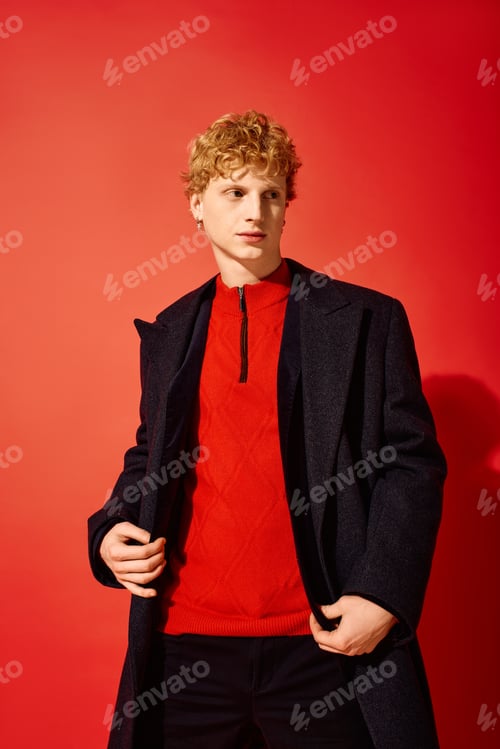 Preview: Holiday fashion inspiration for men with stylish red sweater and elegant coat in 2025 season