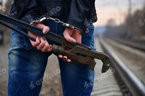 Preview: The girl in handcuffs with the pipe wrench on the railway track background