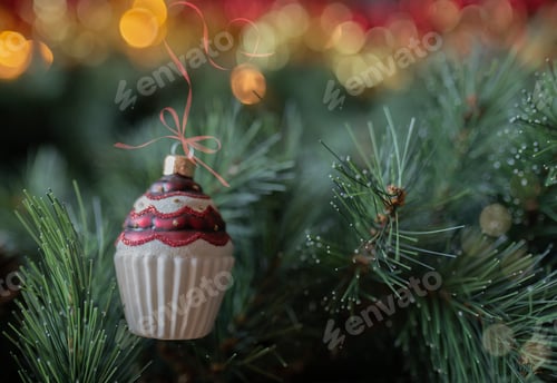 Preview: Christmas Decoration on the fir tree branch. Holiday view with beautiful bokeh lights