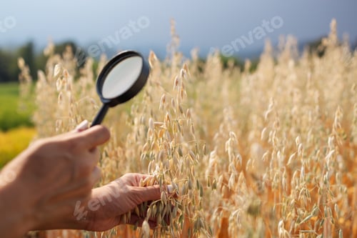 Preview: Farmer Inspecting Ripe Oat Crop with Magnifying Glass