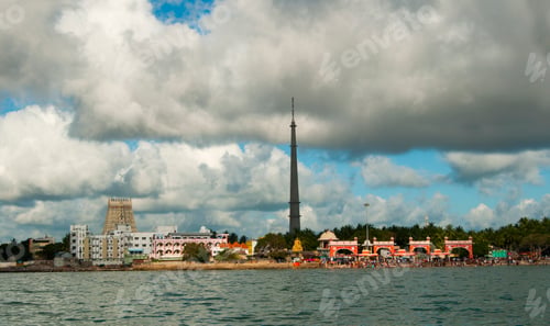 Preview: Ramanathaswamy temple and Rameswaram Beach view from Arabian sea, India