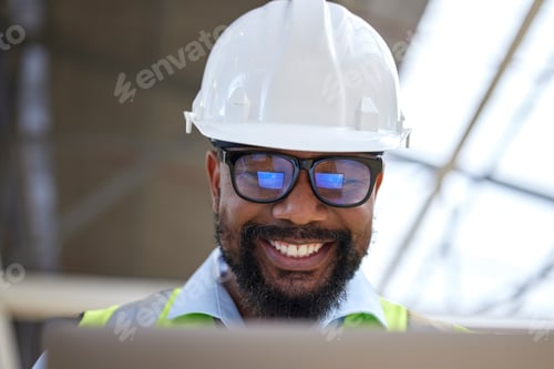 Preview: Architecture, planning and laptop with black man on construction site for engineering, building and