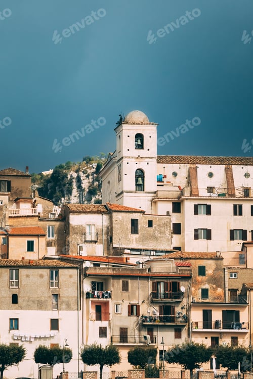 Preview: Monte San Biagio, Italy. Top View Of Residential Area. Cityscape In Autumn Day Under Blue Sky