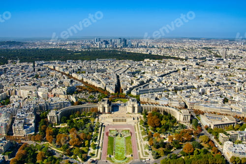 Preview: An aerial view from the top of Effeil tower towards the Trocadero Park.