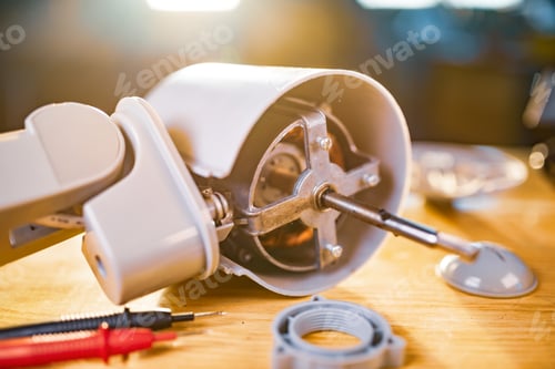 Preview: Close-up of iron motor from home cooling fan lies on a table