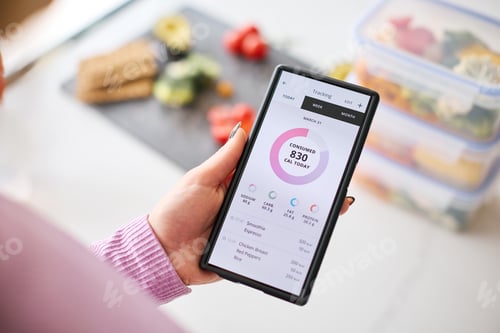 Preview: Close Up Of Woman Looking At Calorie Counting App On Mobile Phone At Home