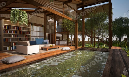 3D rendering wood living terrace and lounge with pool furniture