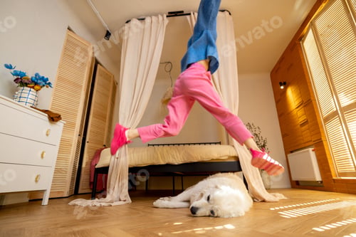 Preview: Woman jumps over a sleeping dog at home