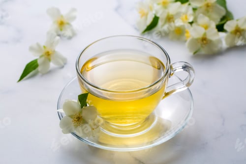 Preview: Glass cup of aromatic jasmine tea and fresh flowers