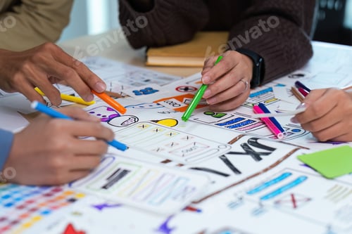 Preview: Close up ux developer and ui designer use augmented reality brainstorming about mobile app