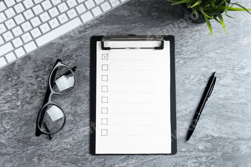 Preview: Clipboard with checkboxes, computer keyboard, eyeglasses and pen on grey table, flat lay. Checklist
