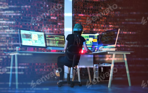 Preview: Digital coding, hacker woman and computer monitor for cybersecurity, programming and big data. Serv
