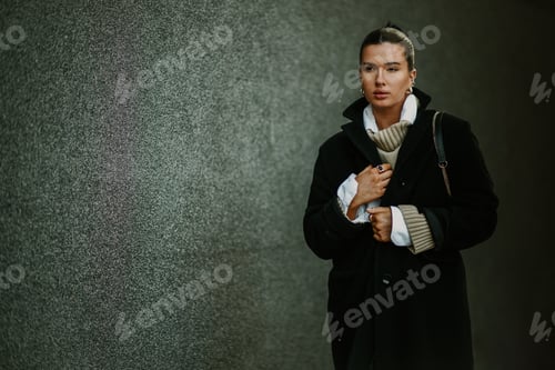Preview: A fashionable young woman with piercings adjusting a coat on a street.