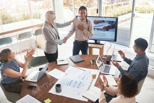 Preview: Business handshake, woman and applause at team building for company growth and b2b. Working, market