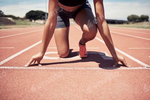 Preview: Black woman, athlete and on track to start race, running and outdoor for fitness, wellness and heal