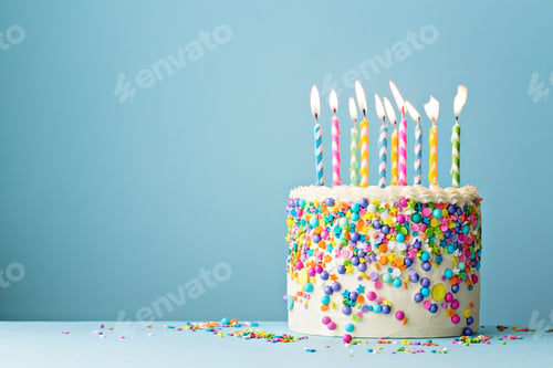 Preview: Birthday cake decorated with colorful sprinkles and ten candles