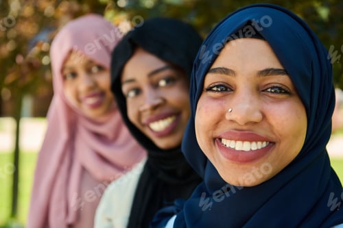 Preview: Smiling Women Posing Together Outdoors on Sunny Day