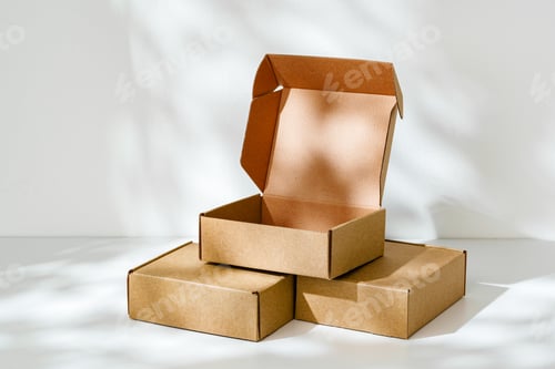 Preview: Display of brown cardboard boxes arranged uniquely with one box opened