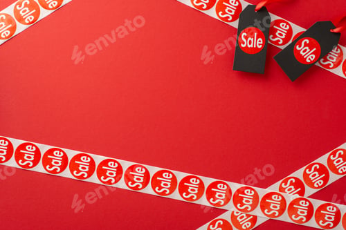 Preview: Budget-conscious buyer Black Friday inspiration. Top-down view of sale adhesive labels