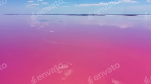 Preview: Aerial view of salt lake with pink water, lagoon Sivash, Ukraine, recreation place. Lake naturall