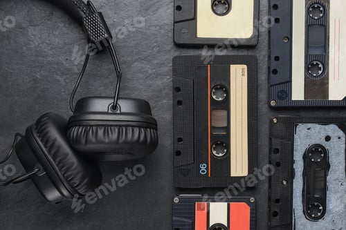 Preview: Headphones and compact cassettes on black slate background