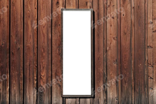 Preview: White signboard hanging on wooden wall