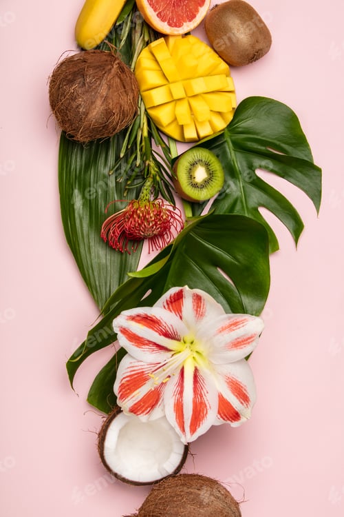 Preview: Creative flat lay with tropical fruits and plants