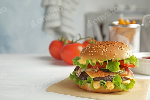 Preview: Tasty burger with bacon served on table. Space for text