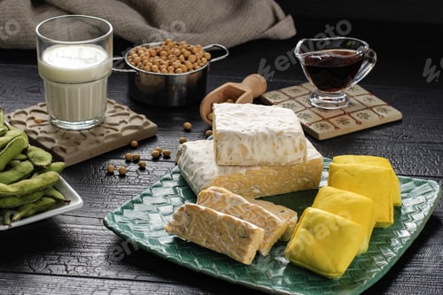 Preview: Soy Product: Raw Tofu, Tempeh, Soy Milk, Soy Sauce, and Soy Bean. Concept of Healthy Vegetarian Food