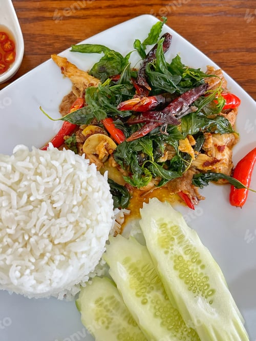 Preview: thai food chicken and basil served with rice on wooden table.
