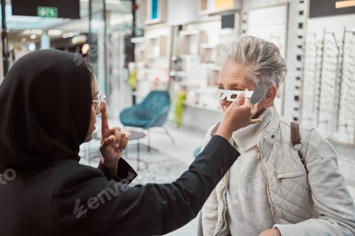 Preview: Optometry, Islamic woman and customer in store, glasses and healthcare for vision, retail an testin