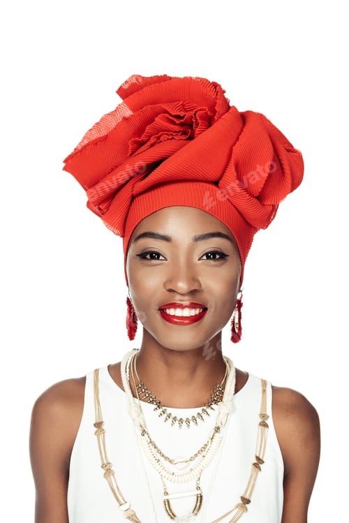Preview: smiling african american woman in stylish clothing isolated on white