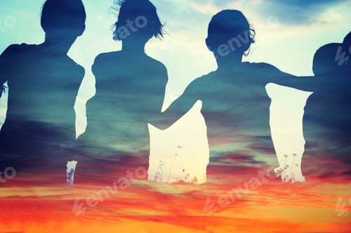Preview: Happy Children Together Running On Clouds
