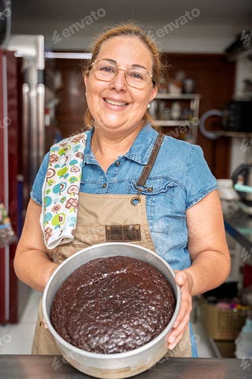 Preview: Pastry chef holding a chocolate cake in a kitchen