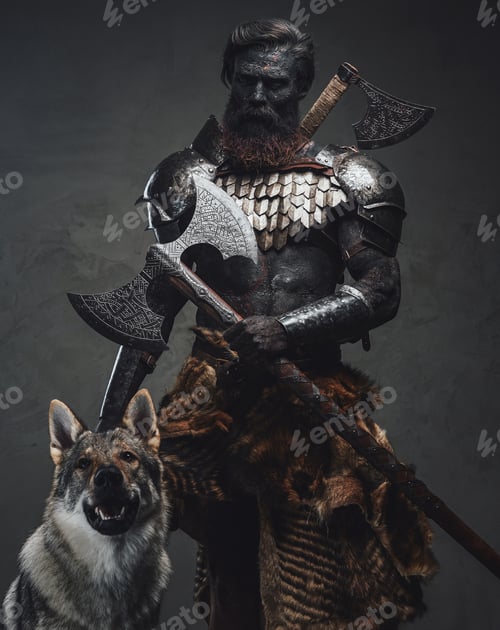 Preview: Demonic warrior with his wolf standing together in dark background
