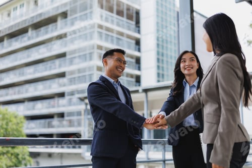Preview: Business team joining hands in modern city, celebrating success and teamwork
