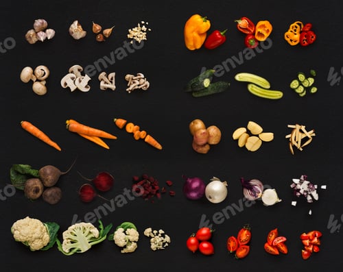 Preview: Collage of various vegetables on black background, isolated