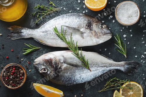Preview: Two fresh raw Dorado fish with spices and olive oil on a dark stone table. Top view. Flat lay