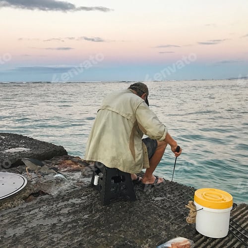 Preview: Man Fishing from Pier with Shorebird Nearby