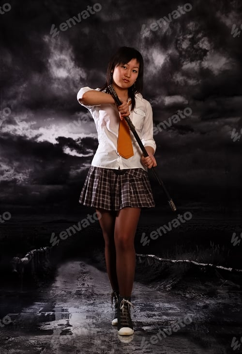 Preview: Beautiful Japan Schoolgirl With Katana In Her Hands
