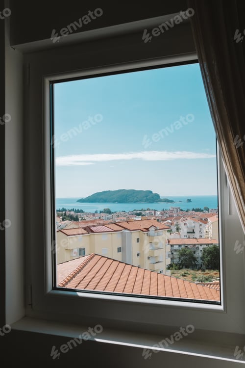 Preview: View from home window in Budva town to Adriatic sea, Montenegro. Copyspace