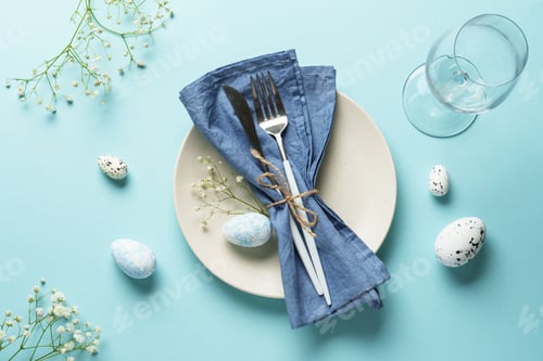 Preview: Easter table setting on blue.