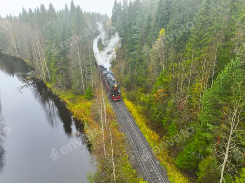 Preview: Vintage steam train traveling through foggy forest landscape