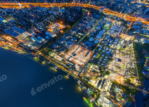 Preview: Petrochemical oil refinery in Bangkok City, Thailand. Oil and gas tanks in industry factory.